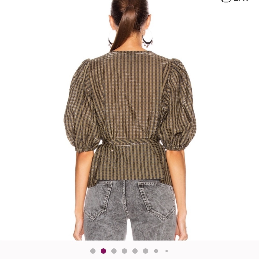 GANNI
SEERSUCKER CHECK SHORT PUFFY SLEEVES TOP women’s Small Olive green gingham - Picture 2 of 6